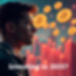 A person contemplating investment decisions with Bitcoin symbols in the background