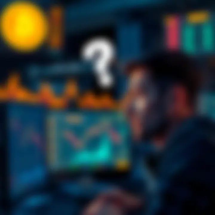 A worried person looking at their computer screen displaying Bitcoin prices with a question mark above their head, symbolizing doubts about early investments in cryptocurrency.