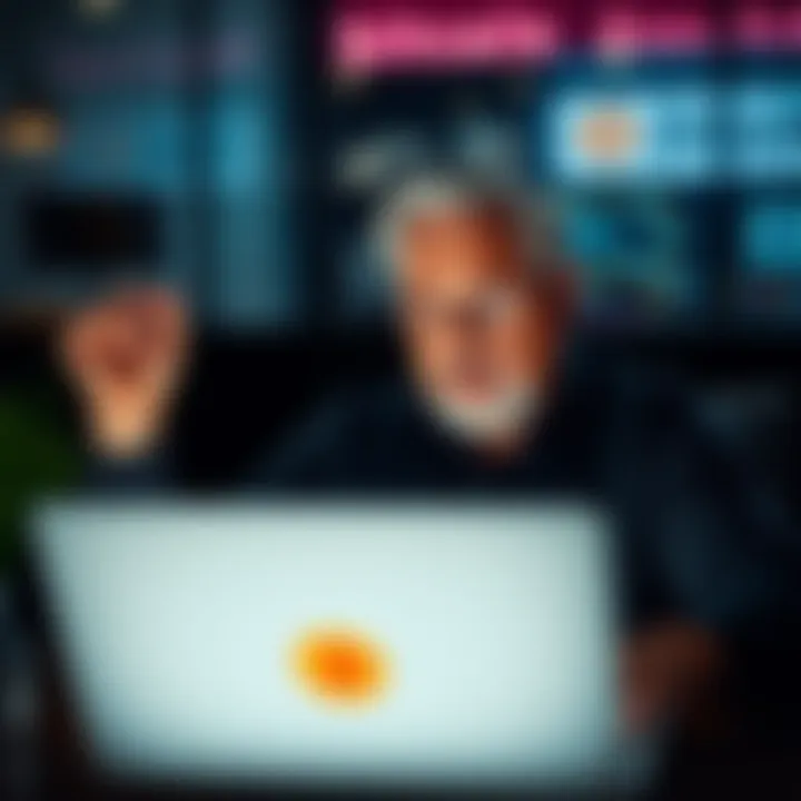 Individual in their 50s contemplating buying Bitcoin after selling part of a Roth account, looking at trusted platforms on a laptop.