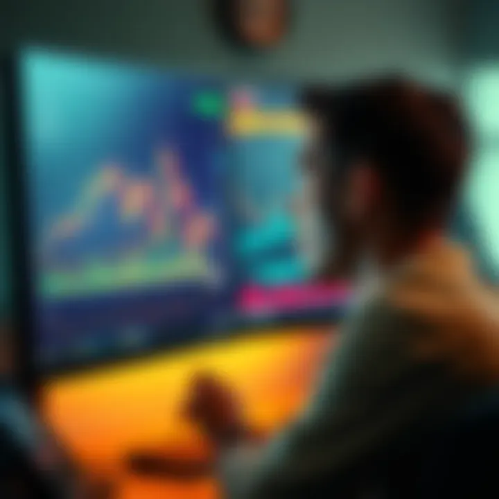 A person gazes thoughtfully at a computer screen showing Bitcoin charts, pondering over monthly investment options.