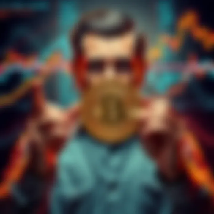 A person holding a Bitcoin symbol with a confused expression, surrounded by graphs showing fluctuating prices, representing the investment debate.