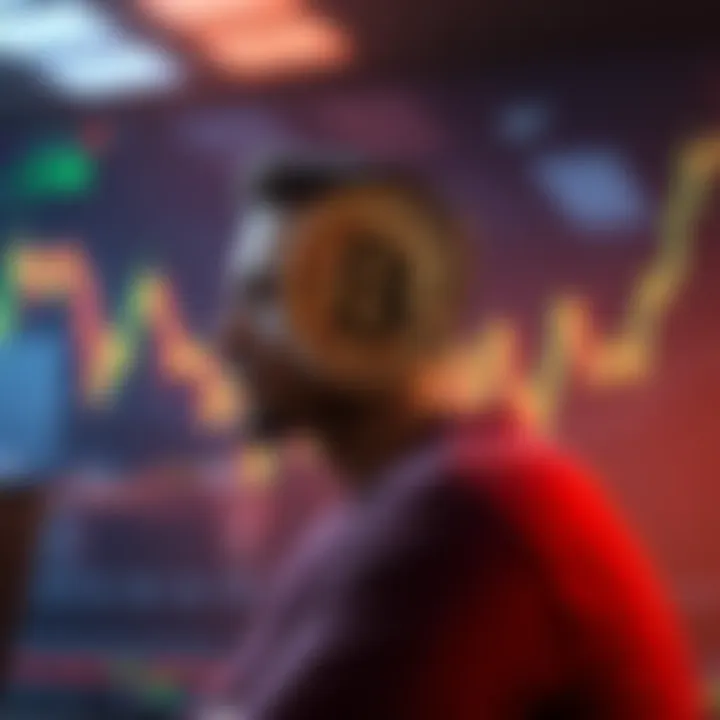 Person contemplating whether to buy Bitcoin or wait for a price drop, with a chart showing Bitcoin's price trend in the background