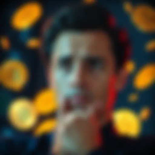 A person contemplating whether to buy Bitcoin at £45,000 or wait for a potential dip in price. The scene shows a thoughtful expression with Bitcoin symbols around.