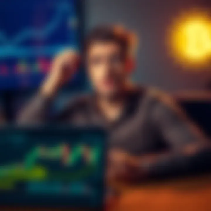 A person contemplating investing money in Bitcoin, looking worried with a laptop showing Bitcoin charts in front of them.