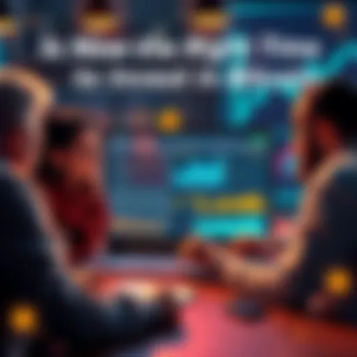 A group of people discussing Bitcoin investments, with graphs and charts displayed on a laptop screen