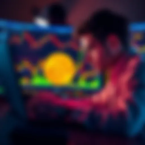 A person looking at Bitcoin prices on a laptop, contemplating investment decisions, with charts and graphs displayed on the screen.