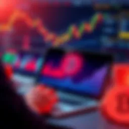 A person analyzing Bitcoin trends on a laptop with financial charts and graphs in the background.