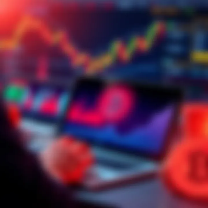 A person analyzing Bitcoin trends on a laptop with financial charts and graphs in the background.