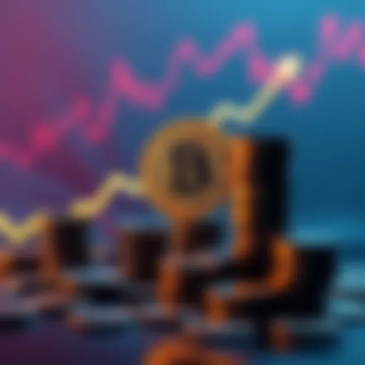 A graph showing the increase in Bitcoin value over time alongside stacks of coins representing financial growth.