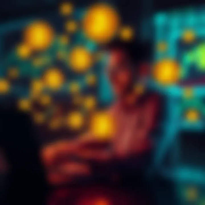 A person analyzing cryptocurrency charts on a laptop, surrounded by digital bitcoin symbols, indicating smart investment strategies.