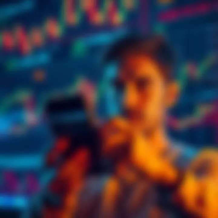 Bitcoin Investment Guide A person looking at Bitcoin prices on a smartphone with a concerned expression, surrounded by charts and graphs showing market fluctuations.