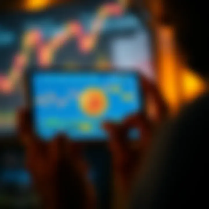 A person checking Bitcoin prices on a smartphone with graphs and charts displayed, symbolizing investment strategies in India.