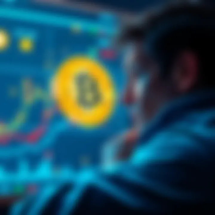 A person looking at a Bitcoin chart with mixed emotions, reflecting on past decisions and future hopes, surrounded by cryptocurrency symbols.