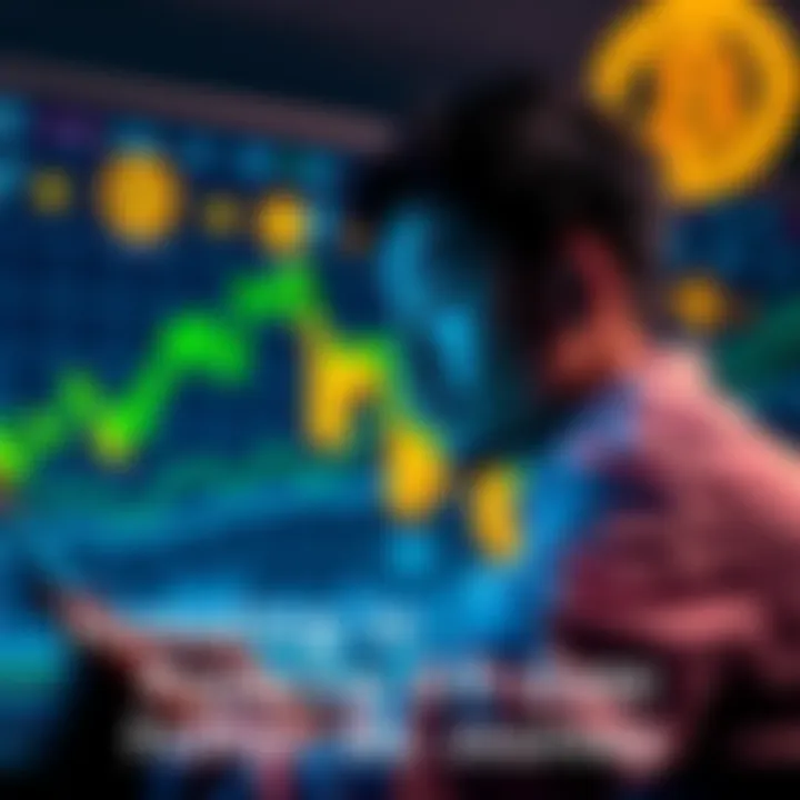 A person analyzing cryptocurrency trends with graphs and Bitcoin symbols in the background, reflecting on financial choices.