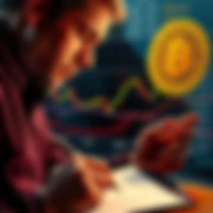 A person examining a Bitcoin chart while planning for retirement, showing a focused expression and a notebook with financial notes.