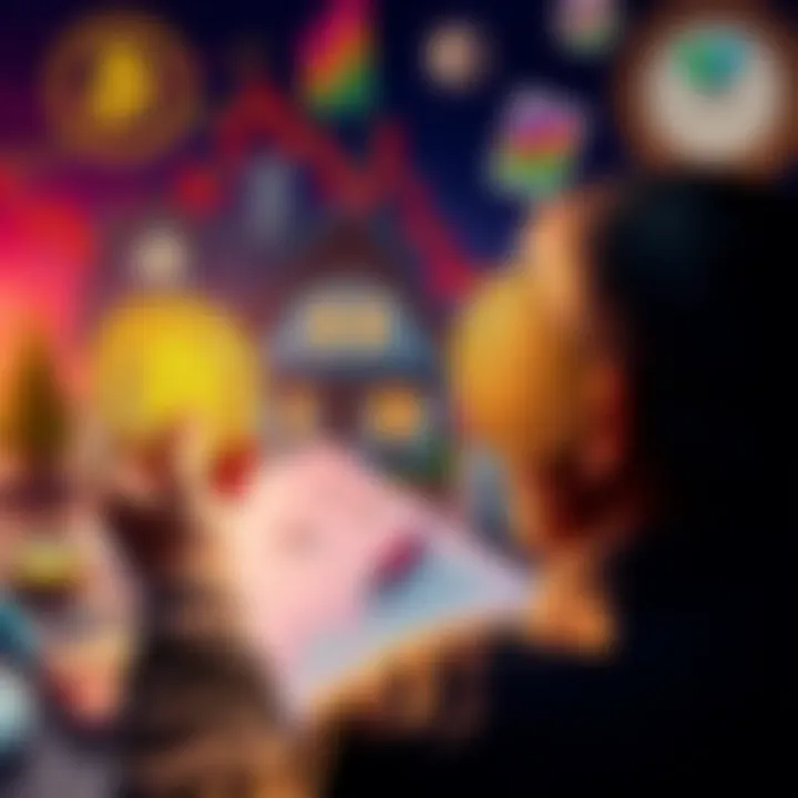 A person holding a Bitcoin symbol while looking at a house and planning for retirement, surrounded by charts and passion-related items.