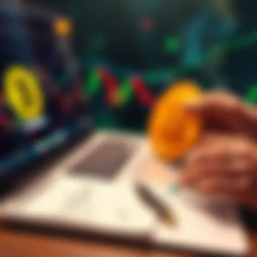 A Canadian trader considering investing in Bitcoin through the Kraken platform, with a laptop displaying the Bitcoin logo and a notepad for notes on investment strategies.