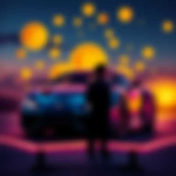 A person contemplating between a luxury car and Bitcoin investment, with a car in the foreground and Bitcoin symbols in the background.