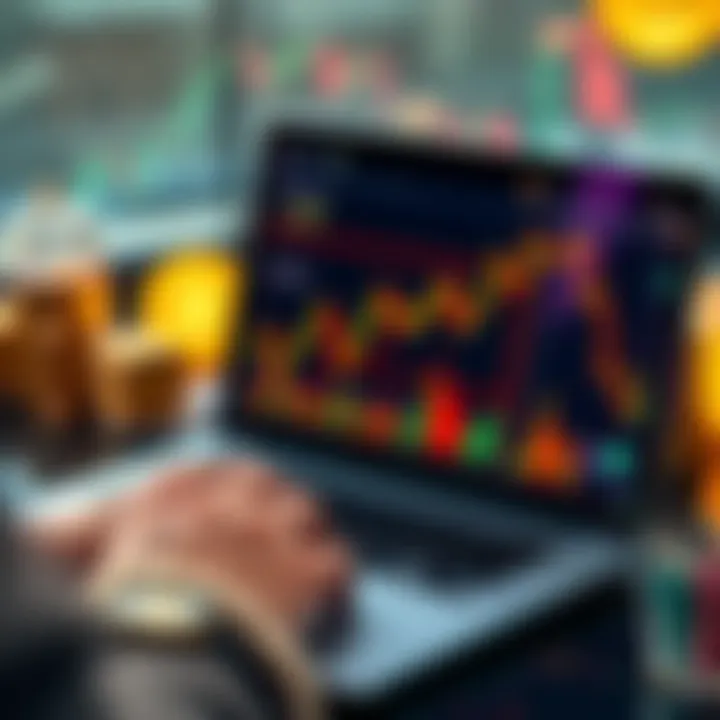 A person analyzing Bitcoin market trends on a laptop with charts and graphs displayed on the screen