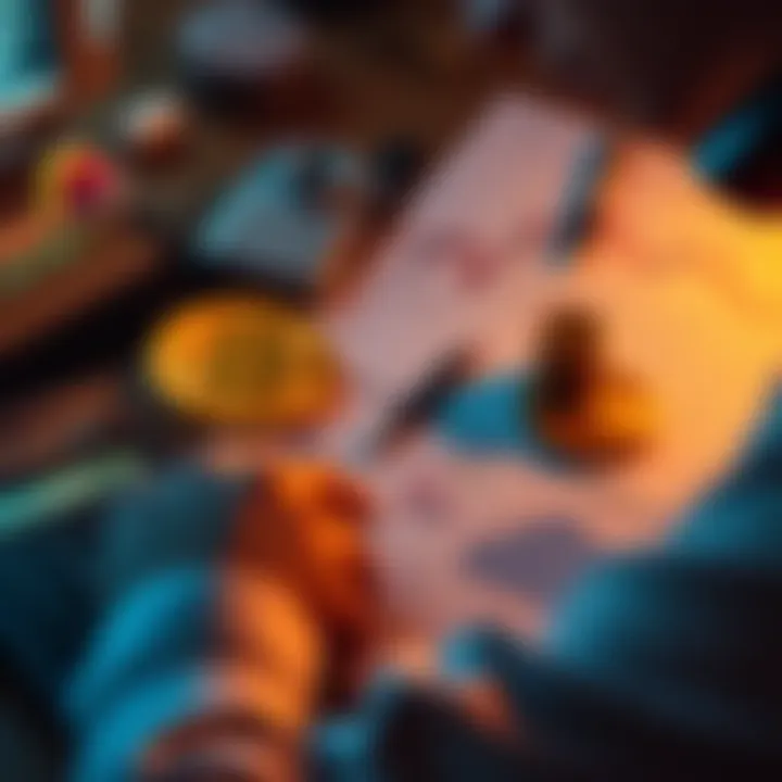 A person analyzing investment options for Bitcoin with a calculator and charts on a desk.