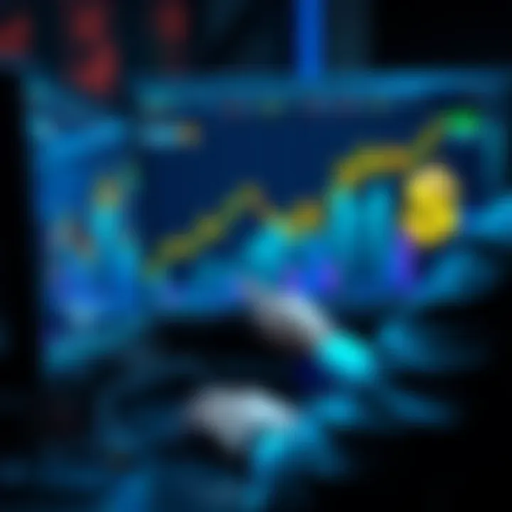 A person analyzing Bitcoin prices on a computer, with a chart showing a rising trend and a dollar sign, representing daily investment and market predictions.