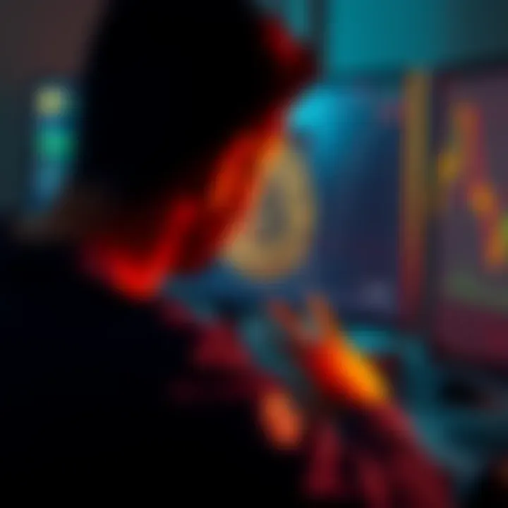 A person looking at a Bitcoin chart on a computer screen, emphasizing long-term investment over short-term trading.