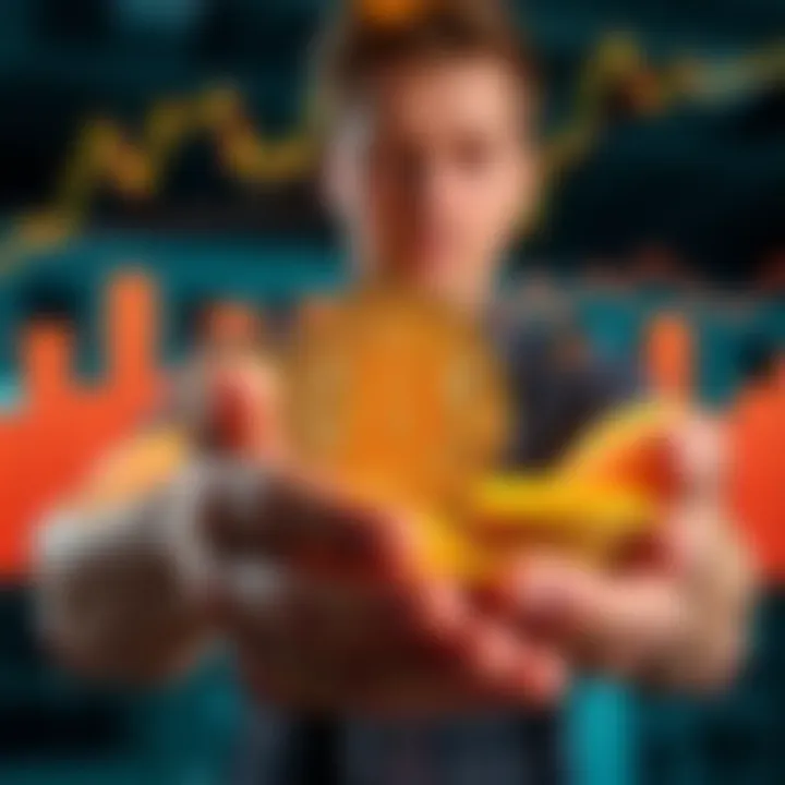 A person calmly holding coins with a Bitcoin logo, surrounded by rising graph lines symbolizing market growth.