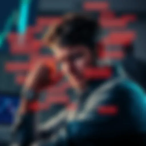 A distressed person looking at a falling Bitcoin graph, surrounded by negative comments from a community, showing the emotional toll of financial losses.