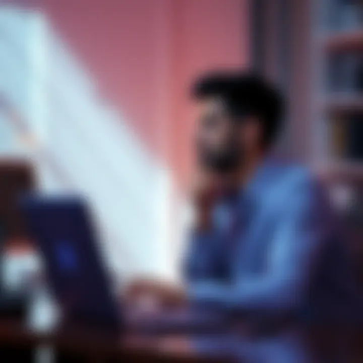 Person thinking about Bitcoin investment A person sitting at a desk, contemplating monthly investment in Bitcoin with a laptop open.