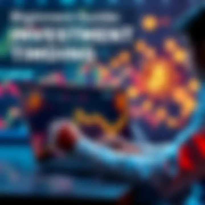 A person analyzing Bitcoin charts on a laptop with cryptocurrency symbols in the background