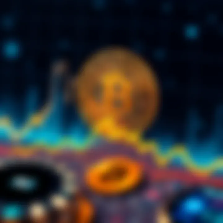 A graph showing Bitcoin price fluctuations, with a highlighted area around $75,000 and a downward trend towards $50,000, symbolizing potential gains and losses from investment.