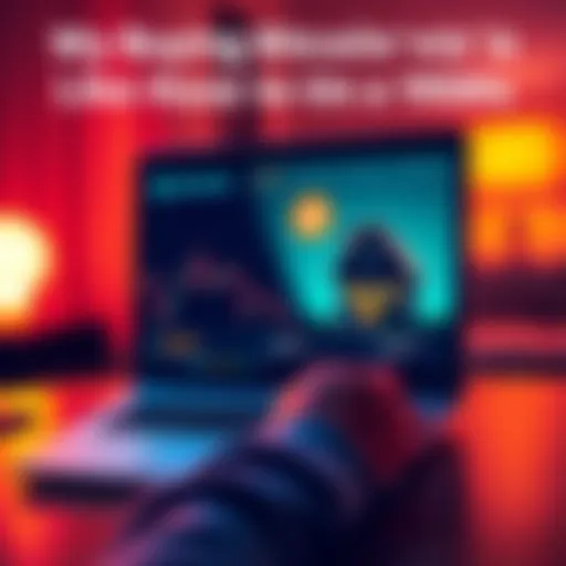 A young person looking at a laptop screen showing Bitcoin prices and a house icon representing home investment.