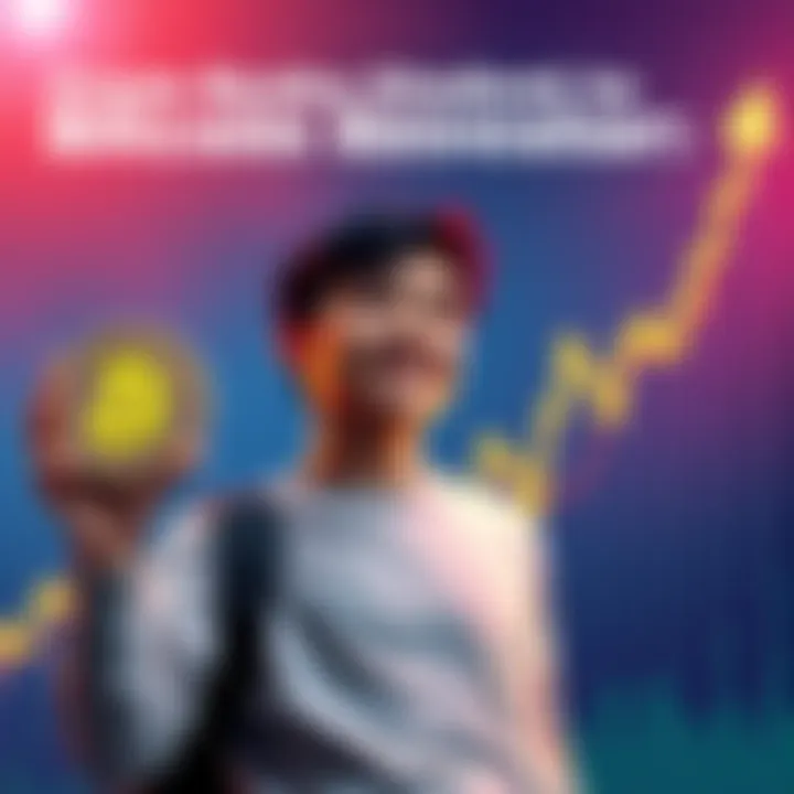 A young person holding a Bitcoin symbol, showing excitement and hope, standing next to a chart with rising values.