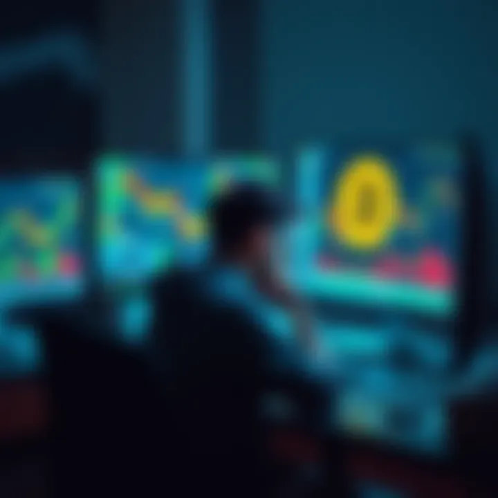 A person sitting at a desk looking bored while gazing at Bitcoin charts on a computer screen, contemplating investment strategies.