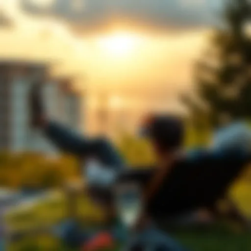 A person relaxing outdoors, enjoying life while Bitcoin prices fluctuate in the background, symbolizing a break from trading.