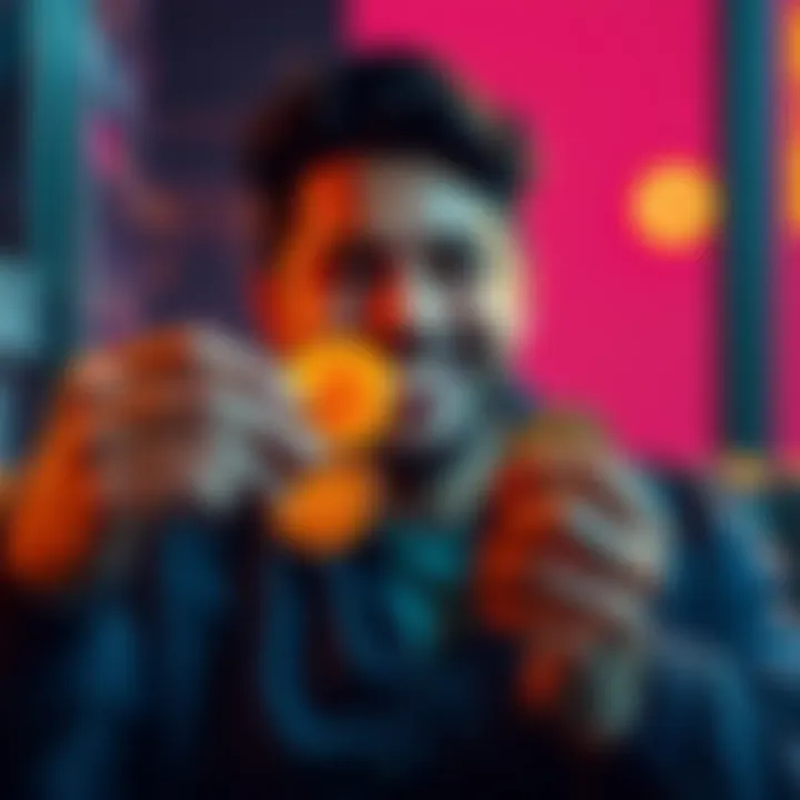 A relaxed person holding Bitcoin coins with a satisfied expression, symbolizing profitable investment through HODL strategy.