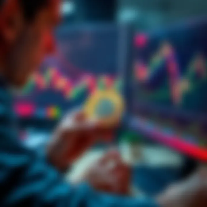 Investor buying two Bitcoin coins while looking at a computer screen showing Bitcoin charts