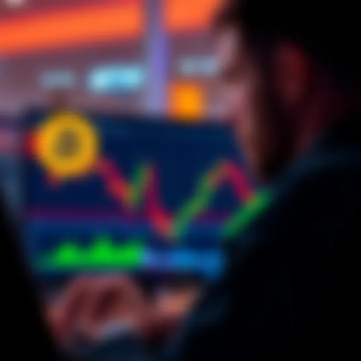A person looking thoughtfully at a Bitcoin chart on a computer screen, showing a decline, symbolizing their investment journey.