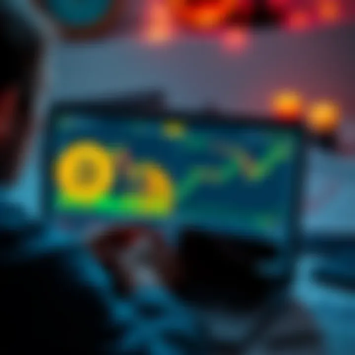 A person looking at a laptop screen displaying Bitcoin charts, surrounded by retirement planning materials, symbolizing the decision to invest or withdraw from cryptocurrency for early retirement.