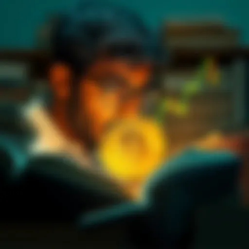 A person looking at a Bitcoin chart with a puzzled expression, surrounded by books on cryptocurrency, illustrating lack of understanding in Bitcoin investing.