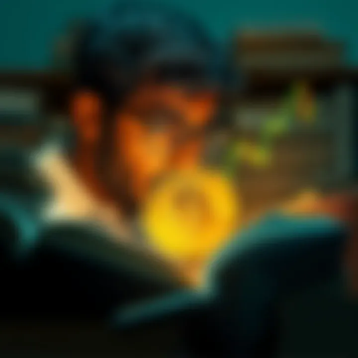 A person looking at a Bitcoin chart with a puzzled expression, surrounded by books on cryptocurrency, illustrating lack of understanding in Bitcoin investing.