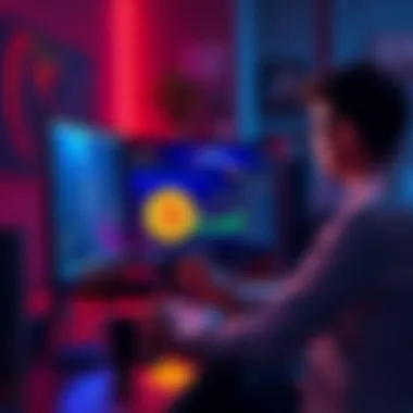 A person working on a computer, transferring a Bitcoin Lightning node from AWS to Umbrel OS, showing blockchain graphics on the screen.