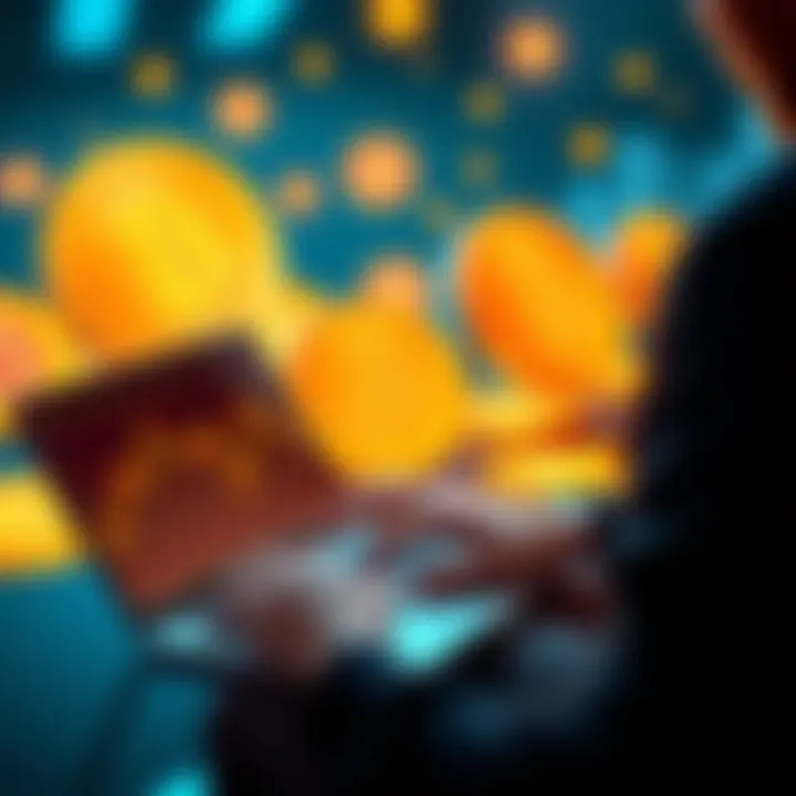 A person reviewing Bitcoin-backed loan options on a laptop, with Bitcoin symbols in the background.