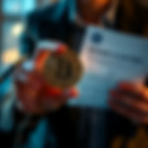 A person holding a Bitcoin symbol in one hand while looking at a loan document in the other hand, representing borrowing against Bitcoin.