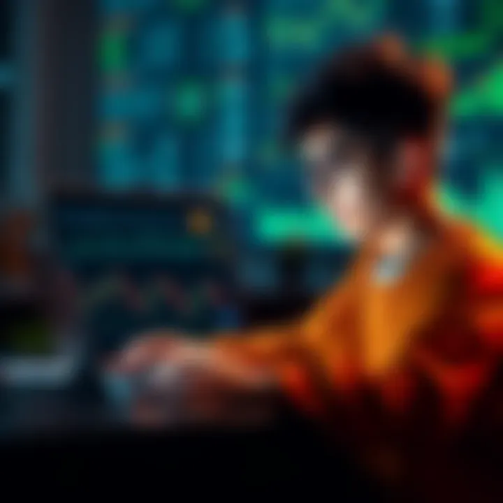 Bitcoin for Long-Term Investment A 24-year-old looking at Bitcoin charts and graphs on a laptop, considering investment options