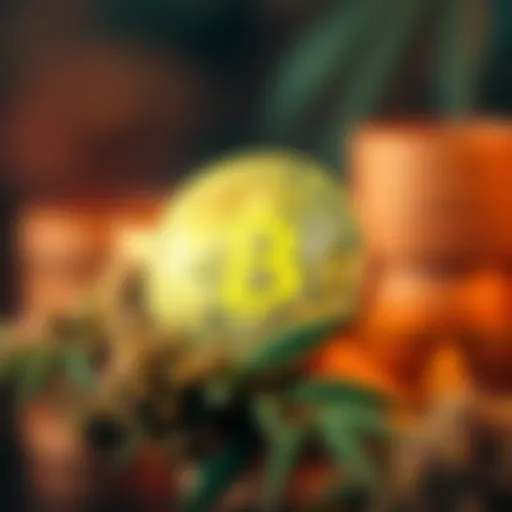 A digital representation of Bitcoin with a blurred image of cannabis in the background, symbolizing a failed purchase and lost investment.