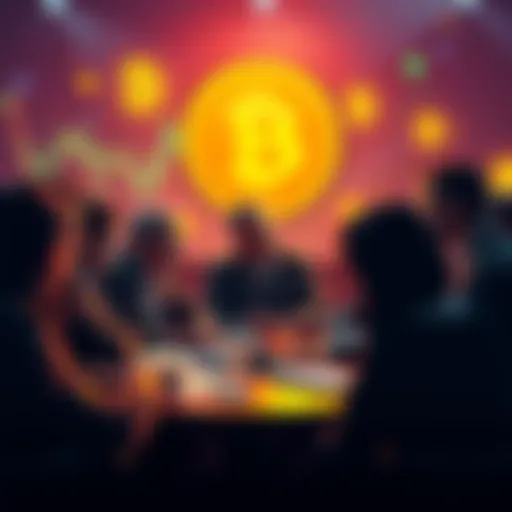 A group of people engaged in a heated discussion about Bitcoin and lukecoin, with charts and cryptocurrency symbols in the background.