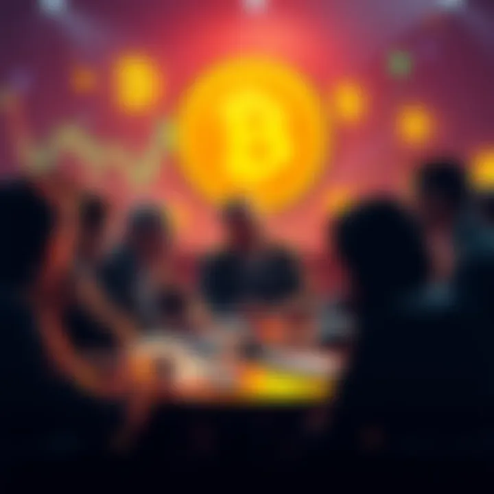 A group of people engaged in a heated discussion about Bitcoin and lukecoin, with charts and cryptocurrency symbols in the background.