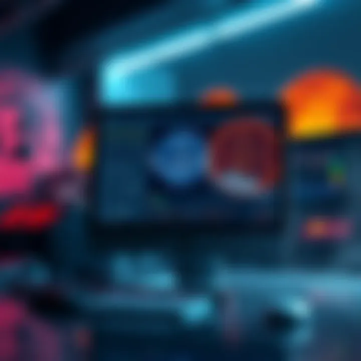 A visual representation of the first MacOS client for Bitcoin, featuring a computer screen displaying Bitcoin graphics and mining processes.