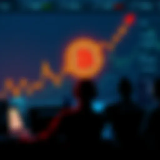 A graph showing a steep decline in Bitcoin value with worried traders looking at their screens